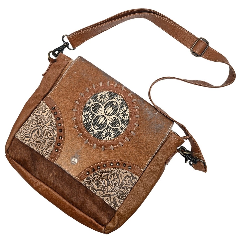 Myra Bag Brown Leather Hair On Cowhide Crossbody Purse Western Boho Distressed